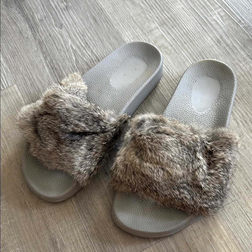 Maiden Lane rabbit fur slide slipper sandals